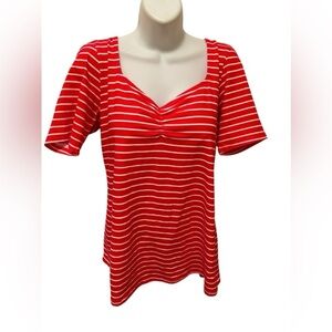 Torrid Foxy Ruched Sweetheart Neckline Top 1X-14-16 Red White Stripe Stretch Tee